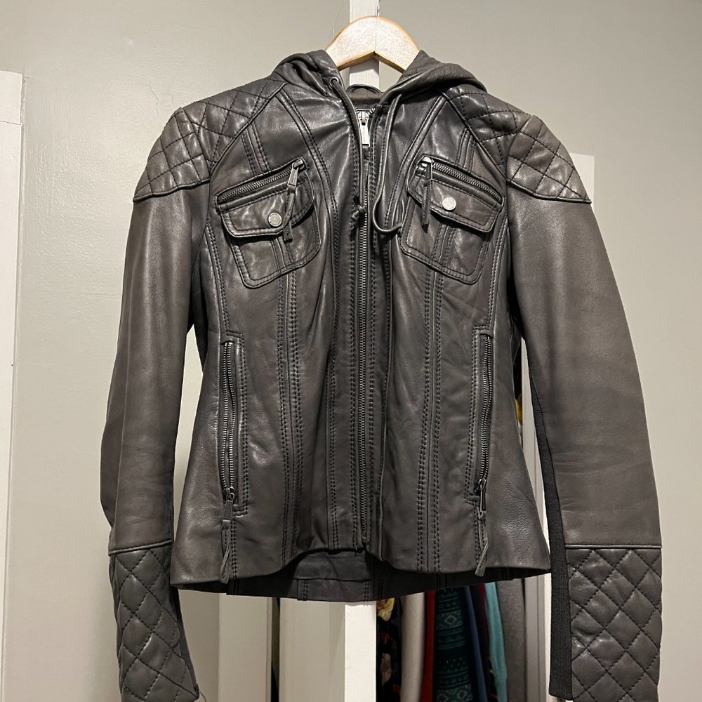 Michael Kors Hooded Quilted Gray Leather Jacket